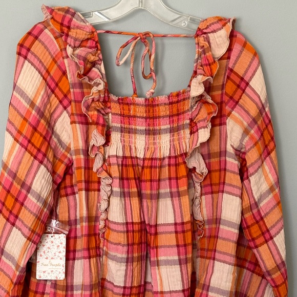 Free People Plaid Seina Blouse Smocked Square Neck Retro Peasant Top NWT - Picture 6 of 11